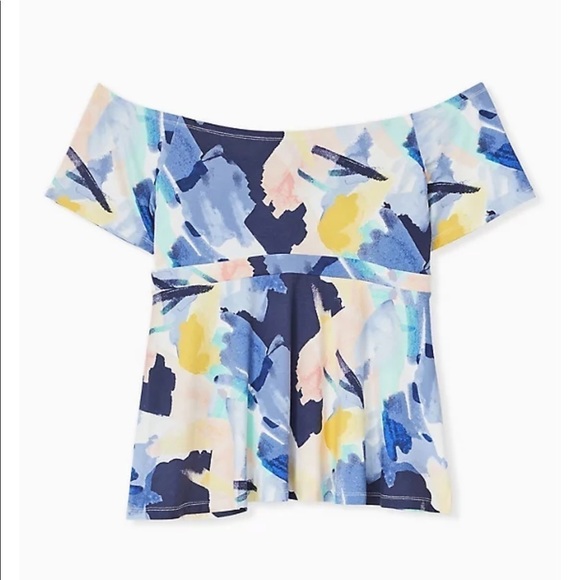 Torrid SUPER SOFT BLUE BRUSHSTROKES TIE FRONT OFF SHOULDER PEPLUM TOP - Picture 2 of 6